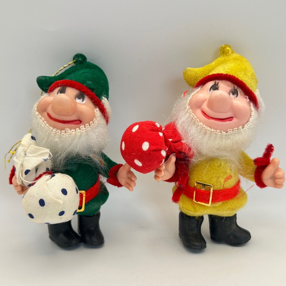 Flocked Gnome Hobo Ornaments Set of 2 4 inches kitsch vtg maximalism trinkets